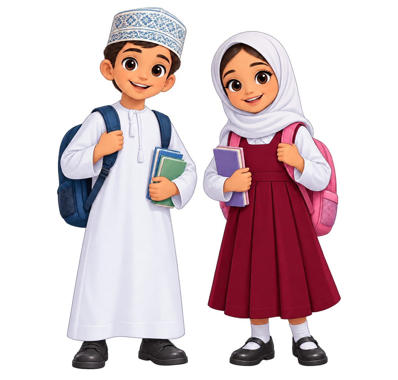 طالب وطالبة من مدارس عُمان يحملان الكتب والحقائب المدرسية